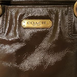 Coach brown handbag, patent leather, shiny with gold hardware